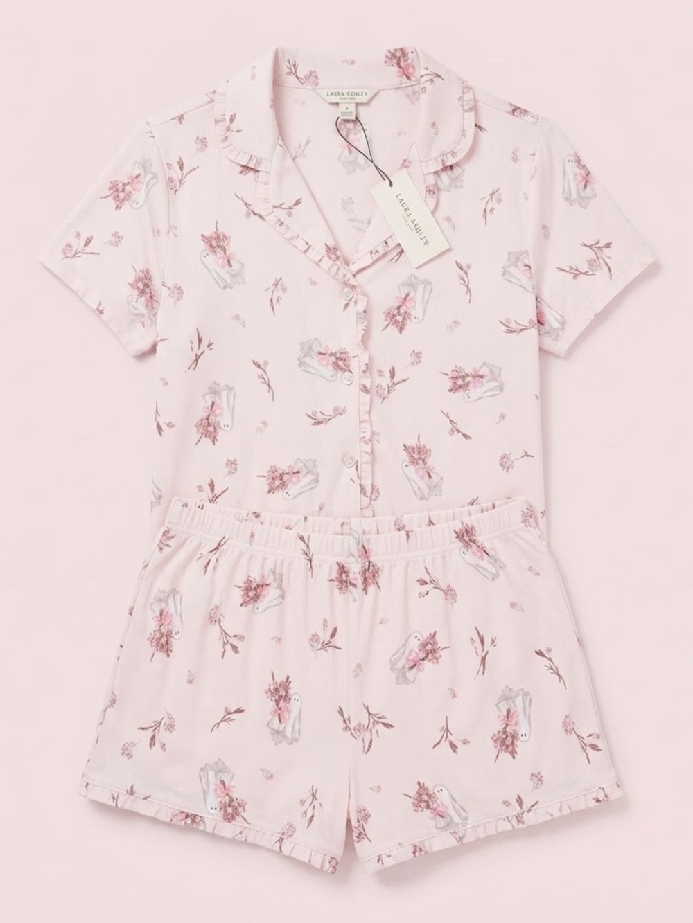 NWT Laura Ashley Pink Floral Short Pajama Set with Button-Front Top